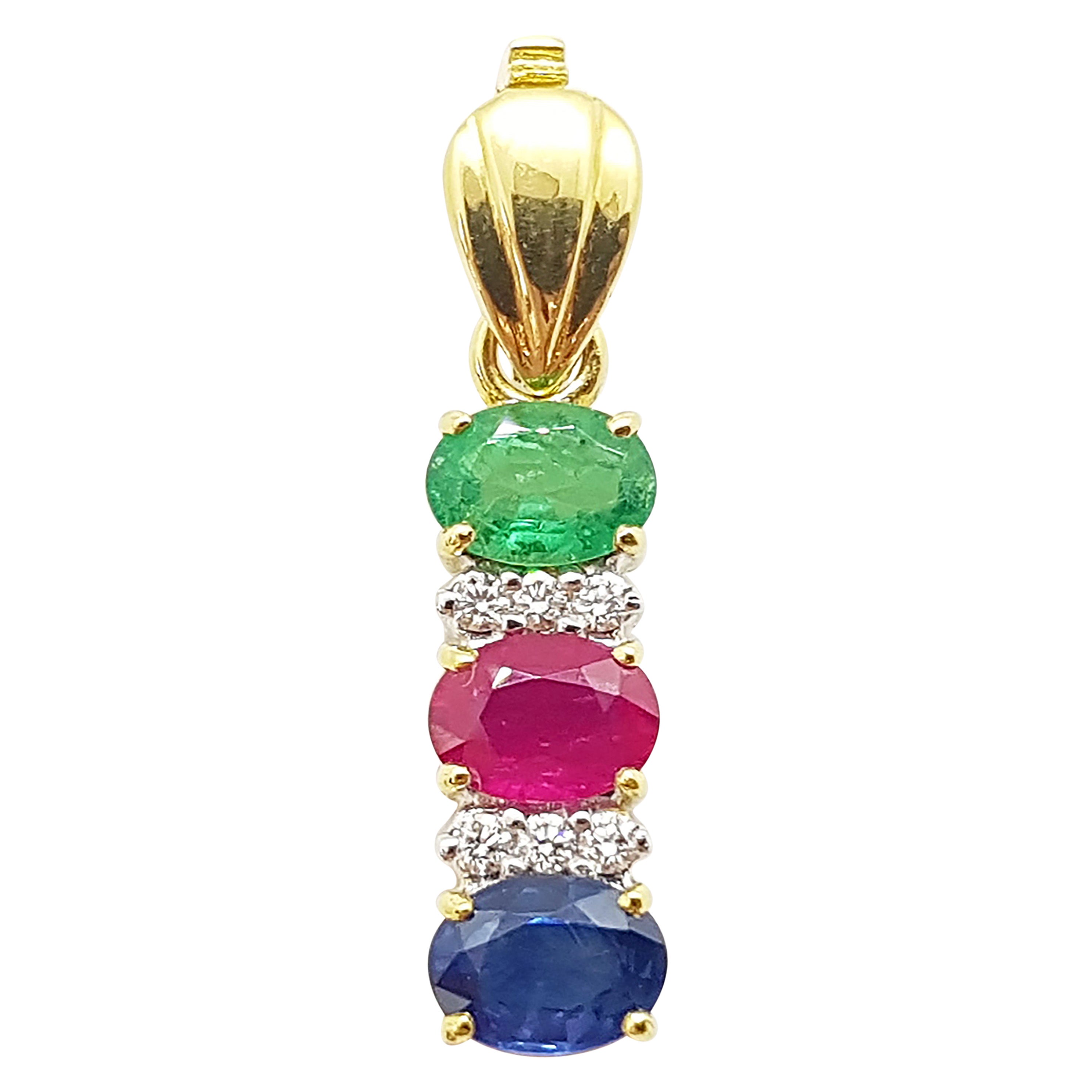 Ruby, Blue Sapphire and Emerald with Diamond Pendant in 18 Karat Gold Settings For Sale