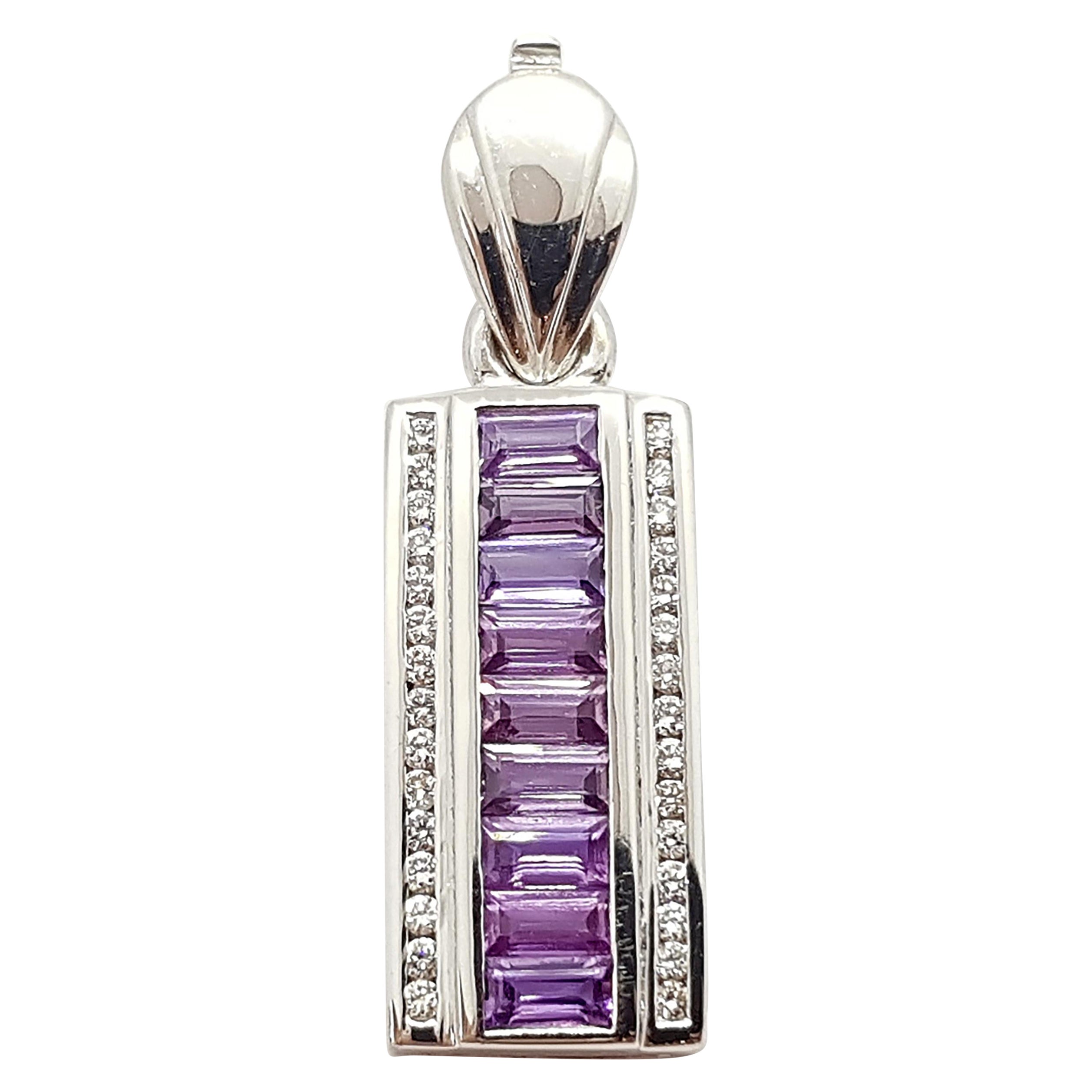 Purple Sapphire with Diamond Pendant Set in 18 Karat White Gold Settings For Sale