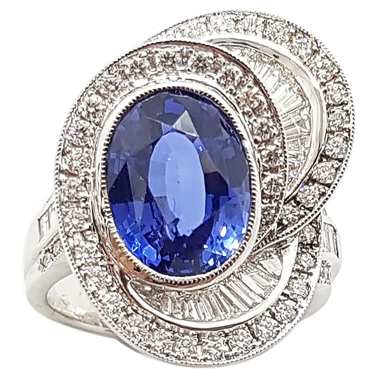 Blue Sapphire with Diamond Ring Set in Platinum 950 Settings For Sale