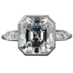 Antique 4.04 Carat Asscher-Cut GIA Cert Diamond Platinum Ring