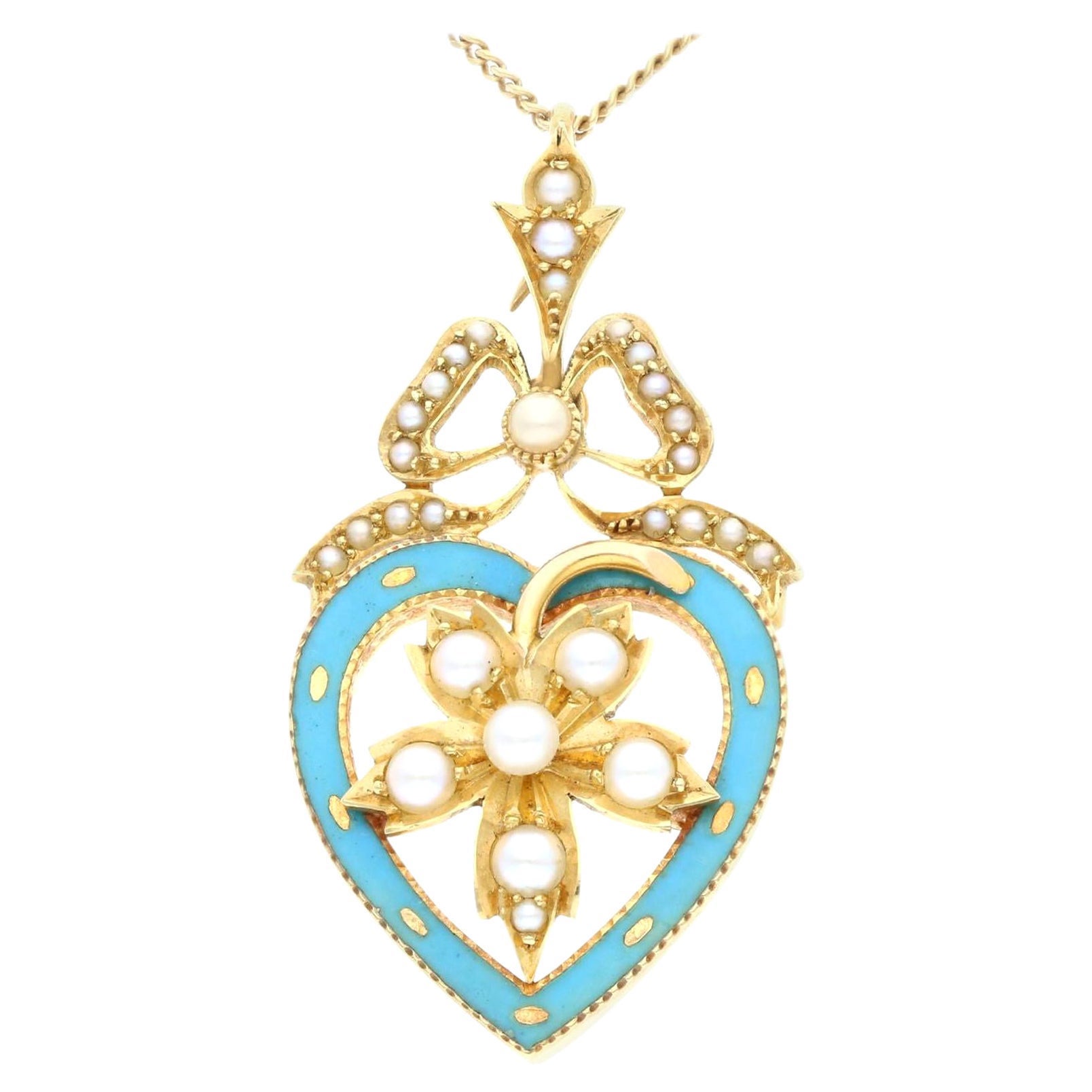 Victorian Seed Pearl Enamel and Yellow Gold Pendant For Sale