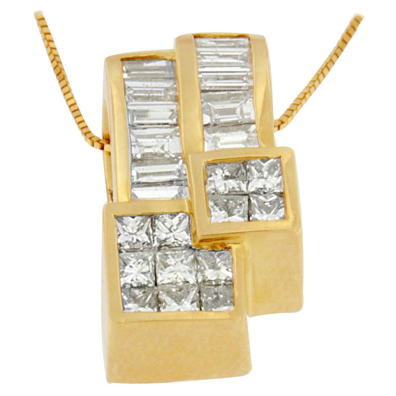 14k Gold 1 1/2 Cttw Princess and Baguette-Cut Diamond Geometric Pendant Necklace For Sale