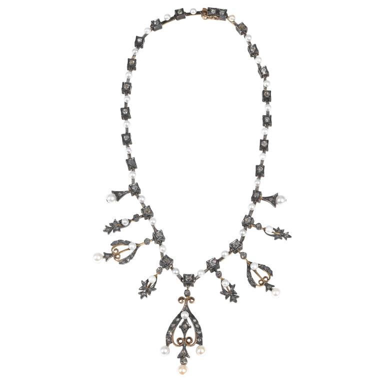 Pearl Diamond Silver Gold Necklace For Sale