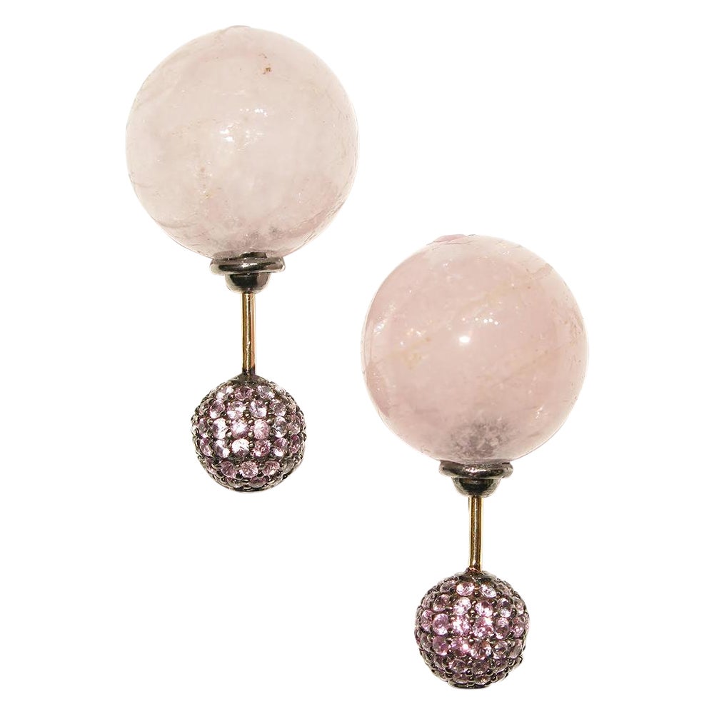 Morganite Ball & Pave Sapphire Earrings Made in 14k Gold For Sale