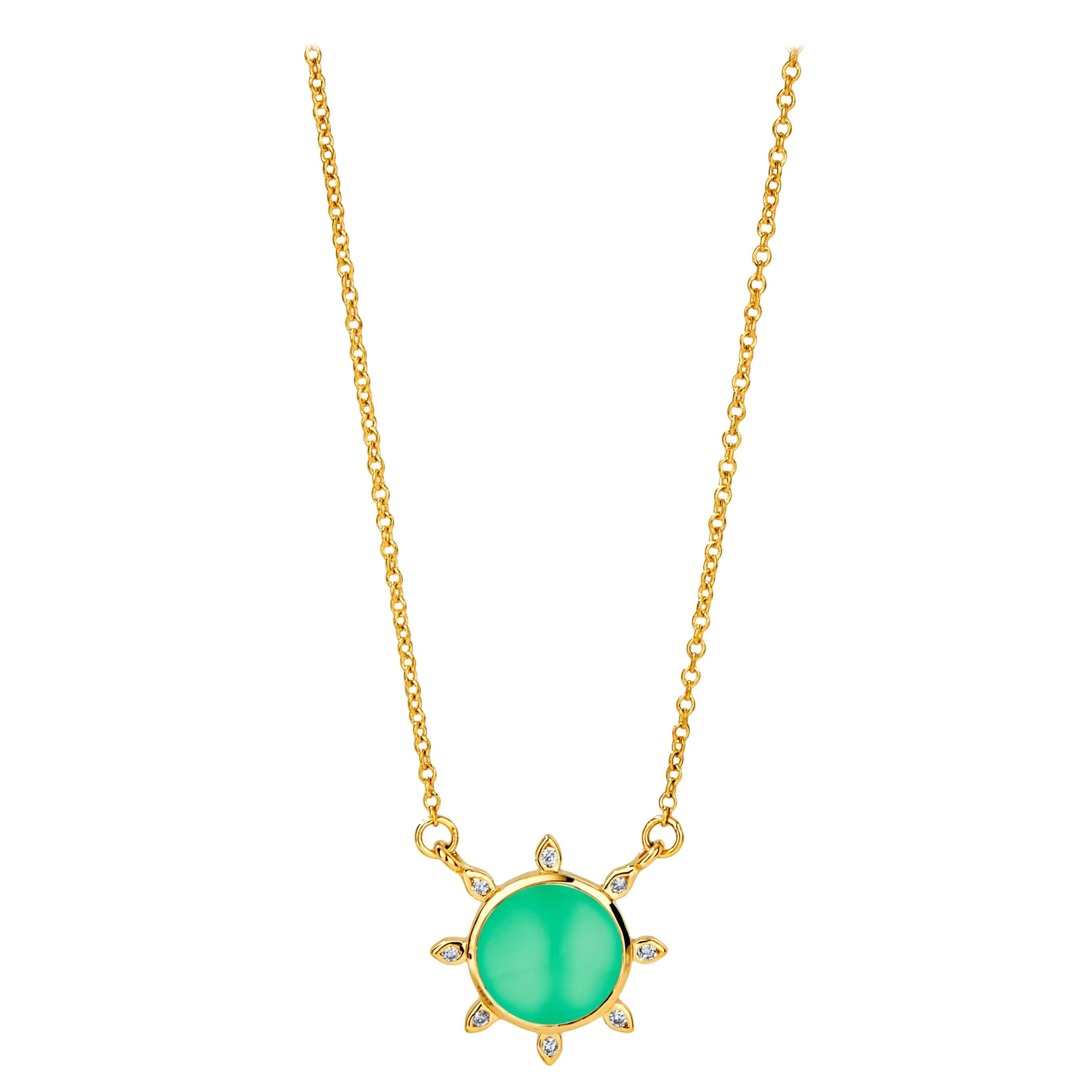 Syna Yellow Gold Chrysoprase Necklace with Diamonds For Sale