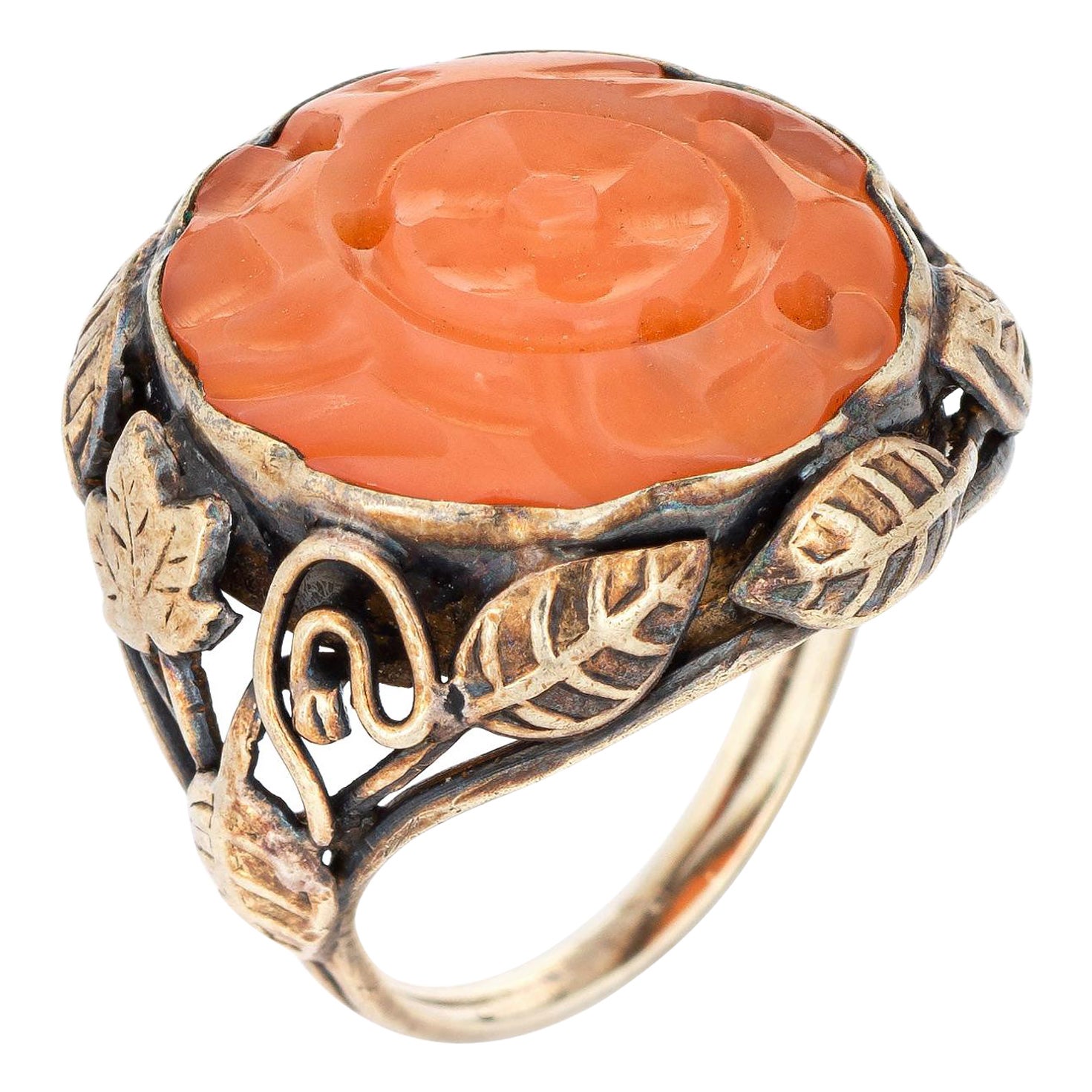 Arts & Crafts Ring Carved Carnelian 14k Gold Leaf Motif Antique Jewelry
