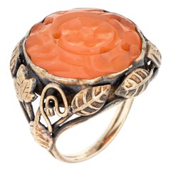 Arts & Crafts Ring Carved Carnelian 14k Gold Leaf Motif Antique Jewelry