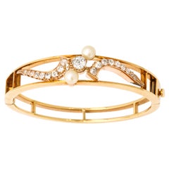 Edwardian Diamonds with Pearl Elegant Gold Bangle Bracelet