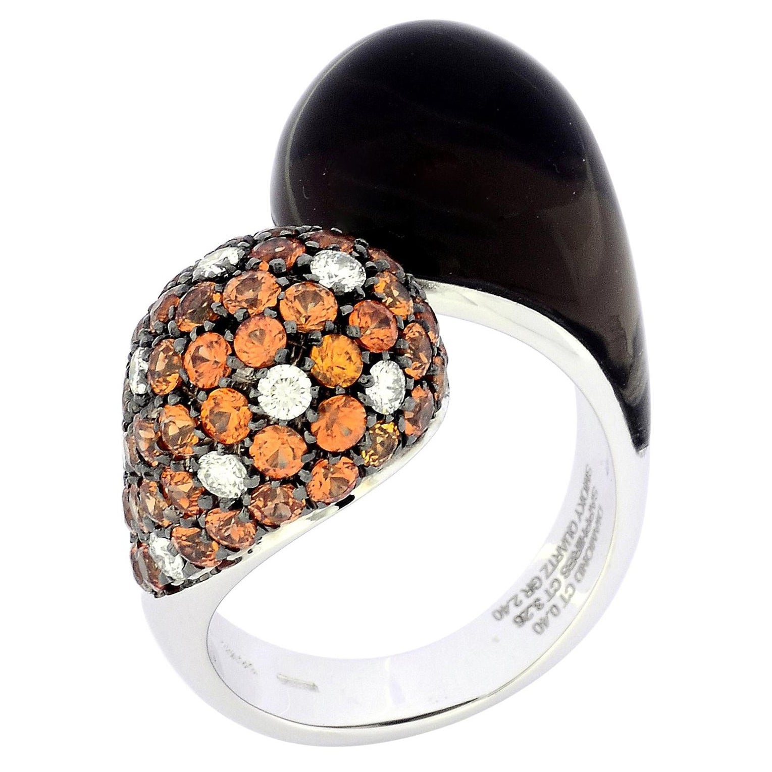 Diamonds Orange Sapphires Smoky Quartz 18 kt White Gold Made in Italy Ring