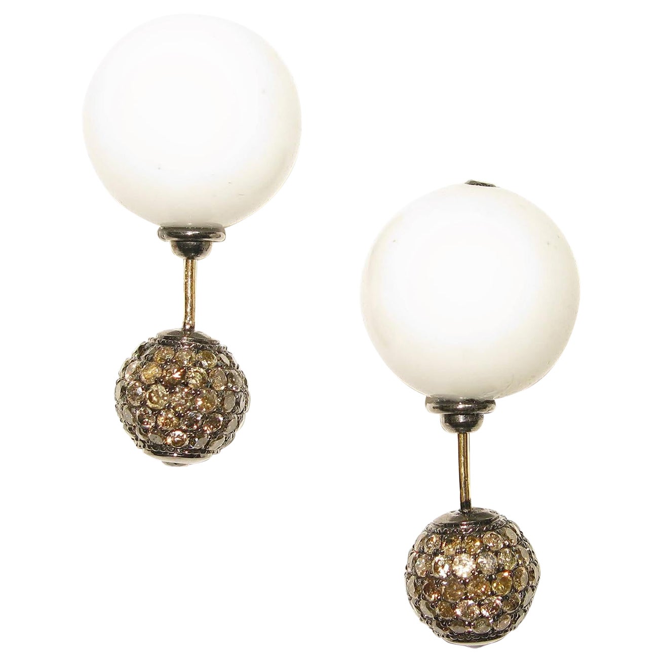 White Opal Tunnel Earrings with Diamonds Made in 14k Gold & Silver For Sale