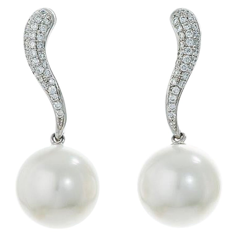 14K White Gold South Sea Pearl Diamond Drop Earrings 