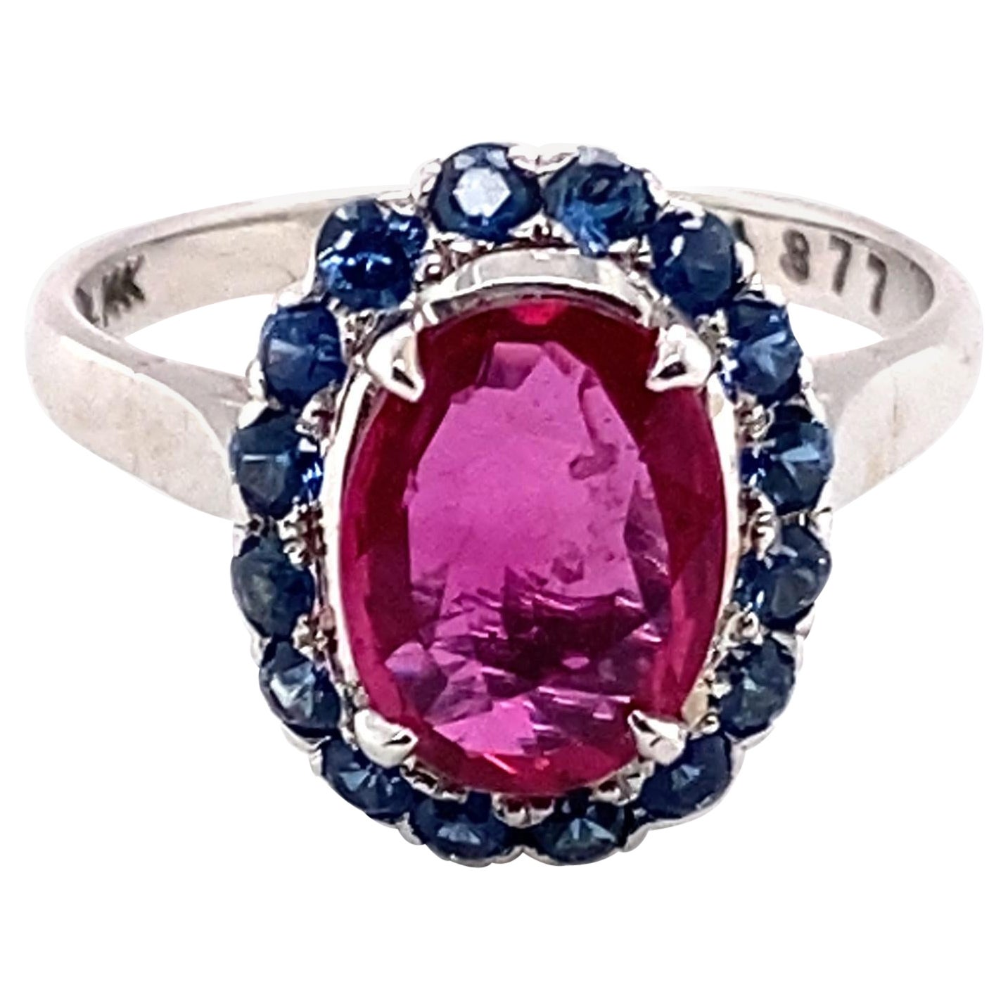 1.56 Carat Total Ruby and 1.14 Carat Total Sapphire Ring in 14 Karat White Gold For Sale