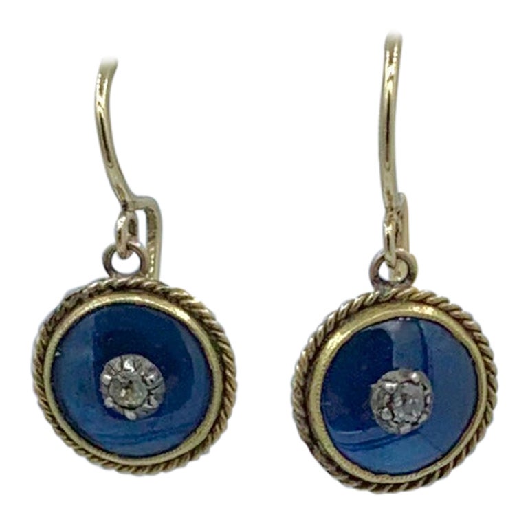Victorian Mine Cut Diamond Enamel Earrings 14 Karat Gold Dangle Drop Earrings