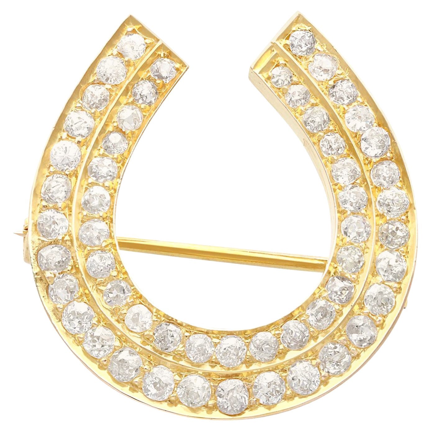 Antique 2.36 Carat Diamond and Yellow Gold Horseshoe Brooch