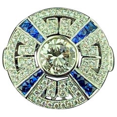 Platinum 0.83 Carat Old European Cut Diamond and Blue Sapphire Ring