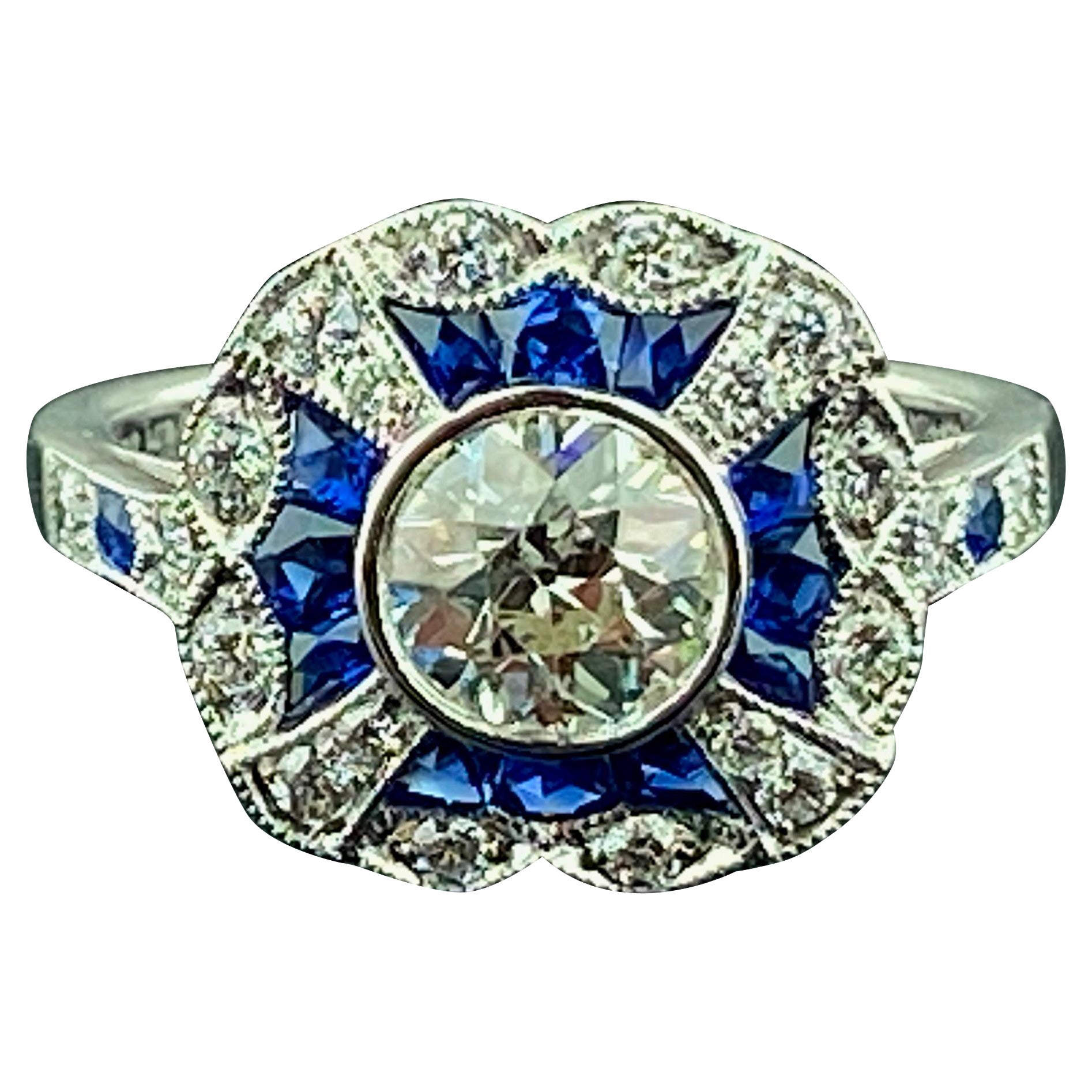 Platinum 0.75 Old European Cut Diamond and Blue Sapphire Ring For Sale
