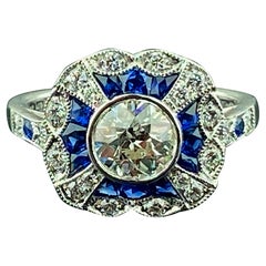 Platinum 0.75 Old European Cut Diamond and Blue Sapphire Ring
