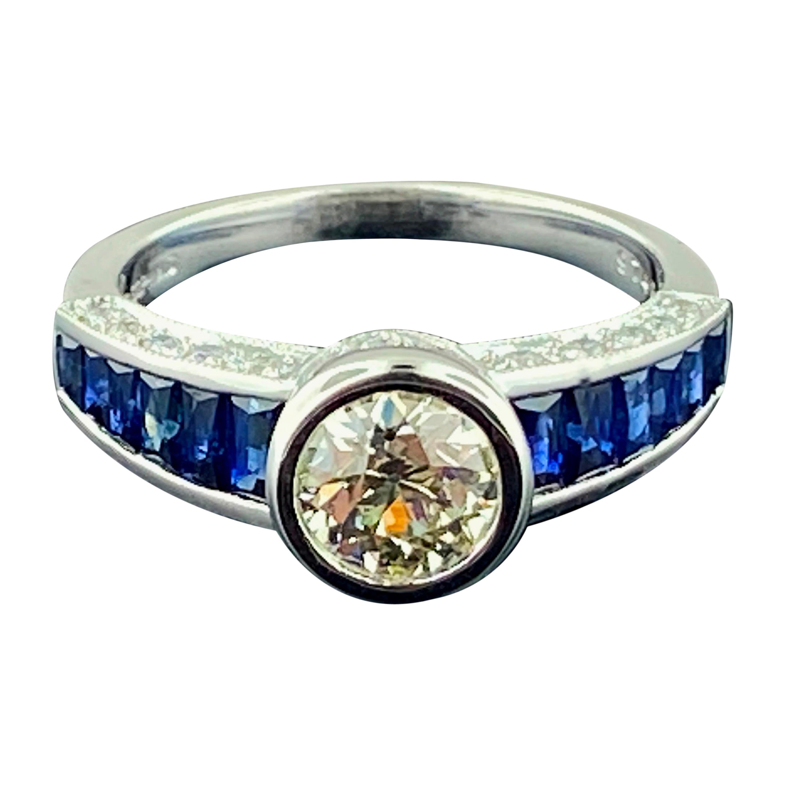 Platinum 0.75 Ct Old European Cut Diamond and Blue Sapphire Ring