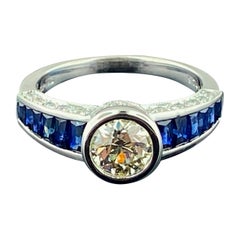Platinum 0.75 Ct Old European Cut Diamond and Blue Sapphire Ring
