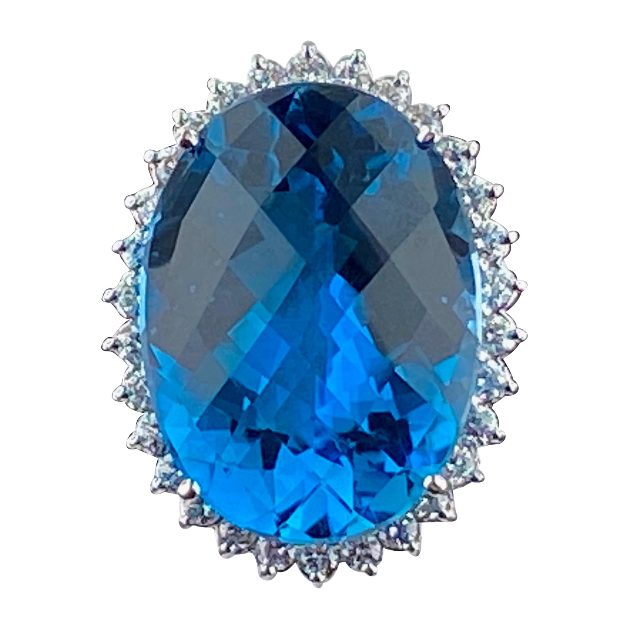 40 Carat Oval Cut London Blue Topaz & Diamond Ring