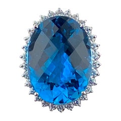 40 Carat Oval Cut London Blue Topaz & Diamond Ring