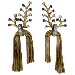 Naturalistic Retro Ruby Sapphire Diamond Gold Tassel Earrings