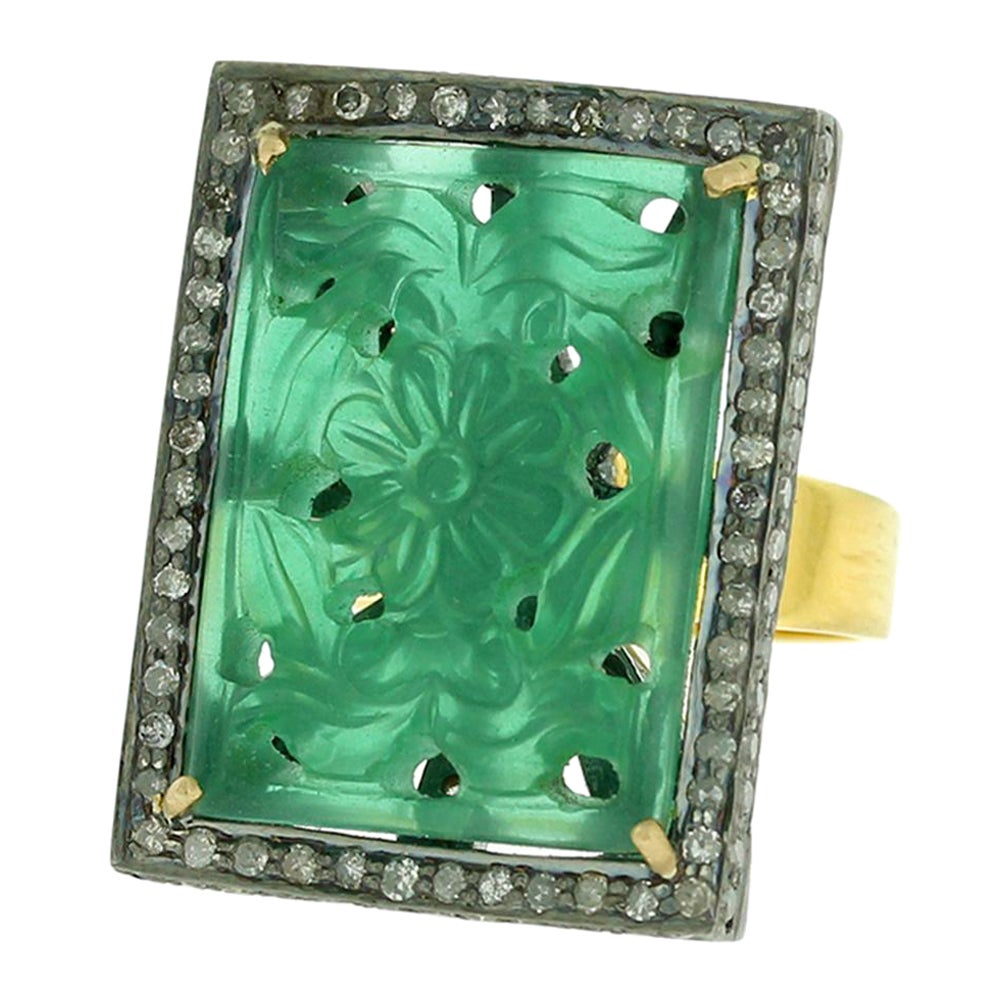 Cocktail Ring with Carved Green Onyx in Center Surrounded by Pave Diamonds For Sale