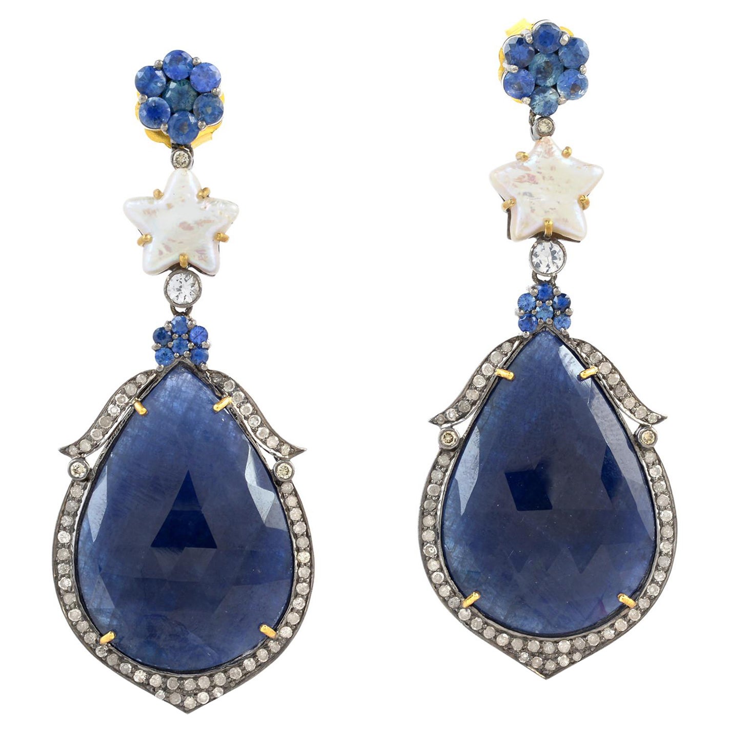 Saphir-Ohrring mit Perle & Pavé-Diamant aus Gold und Silber