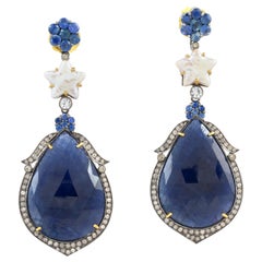 Sapphire Dangle Earring with Pearl & Pave Diamond Made in Gold & Silver