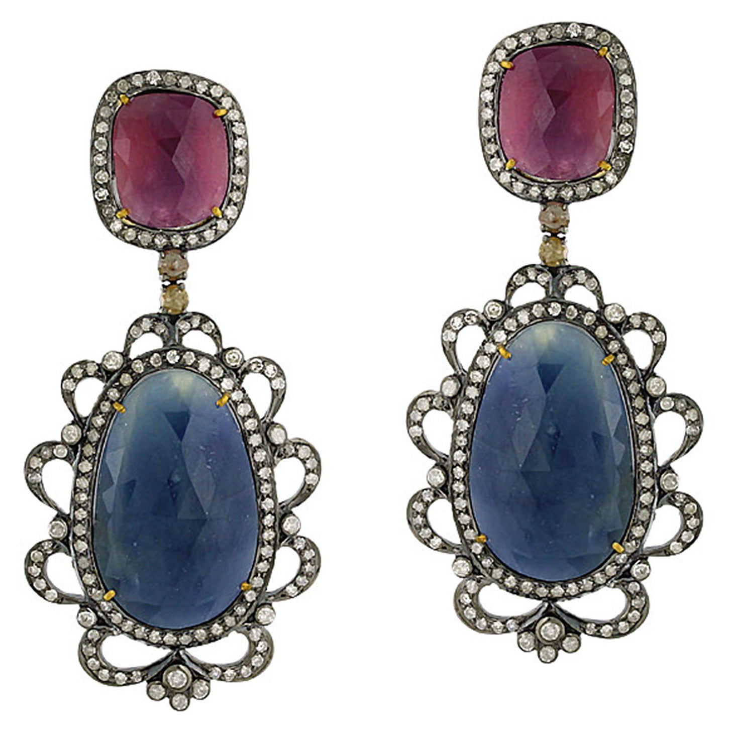 Multi Colored Two Tier Sapphire Earrings with Diamonds in 18k Gold & Silver For Sale
