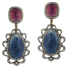 Mehrfarbige Saphir-Ohrringe mit zweistufigen Diamanten aus 18 Karat Gold und Silber