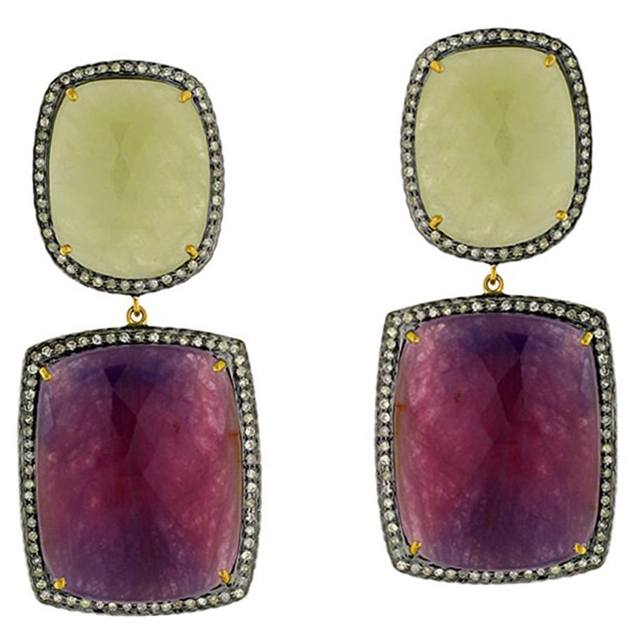 Multi Sapphire Dangle Earrings with Pave Diamonds Made in 14k Gold & Silver For Sale