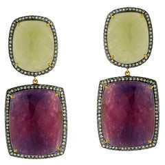 Mehrfarbige Saphir-Ohrringe mit Pavé-Diamanten aus 14 Karat Gold und Silber