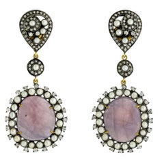 Boucles d'oreilles pendantes en saphir et perle avec diamants en or jaune 18k et argent