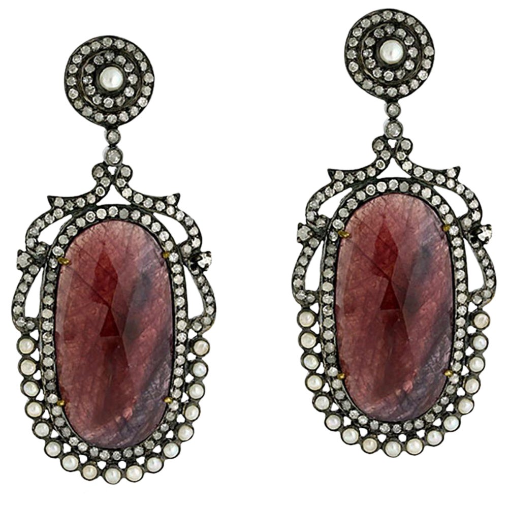 Red Sapphire & Pearl Earring with Diamonds Made in 18k Gold & Silver For Sale