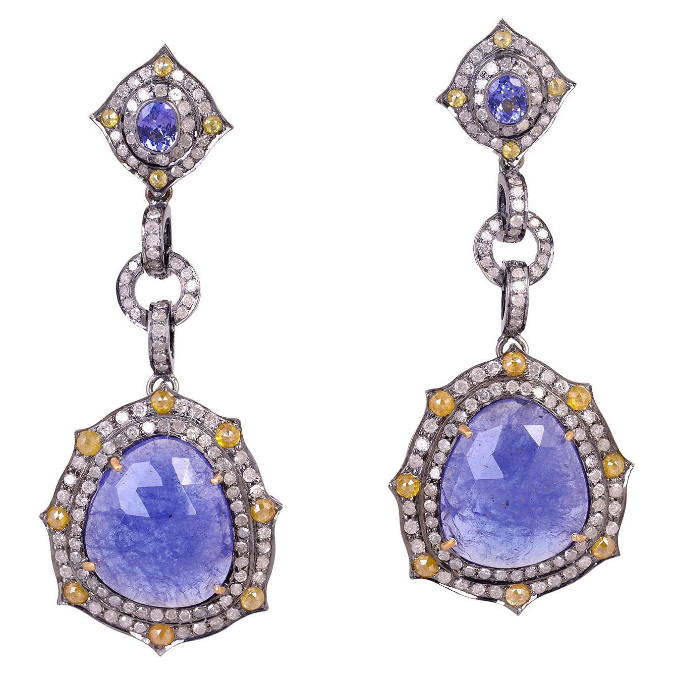 Tanzanite Dangle Earrings Surrounded by Pave Diamonds Made in Gold & Silver For Sale