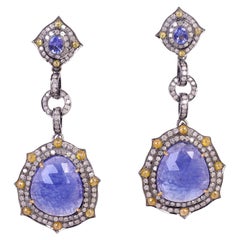 Tanzanite Dangle Earrings Surrounded by Pave Diamonds Made in Gold & Silver