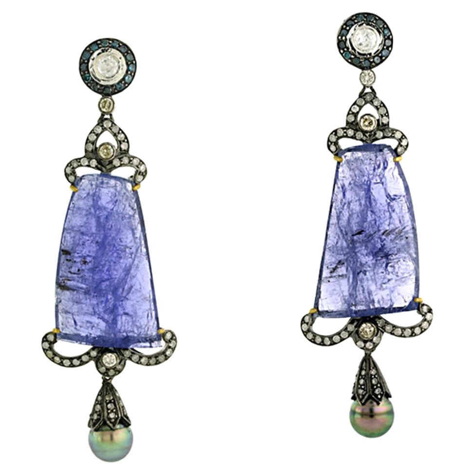 Tanzanite & Pearl Dangle Earrings with Diamonds Made in 18k Yellow Gold & Silver