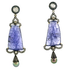 Tanzanite & Pearl Dangle Earrings with Diamonds Made in 18k Yellow Gold & Silver