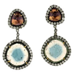 Pendants d'oreilles en or et argent 18 carats avec tourmaline multicolore et diamants