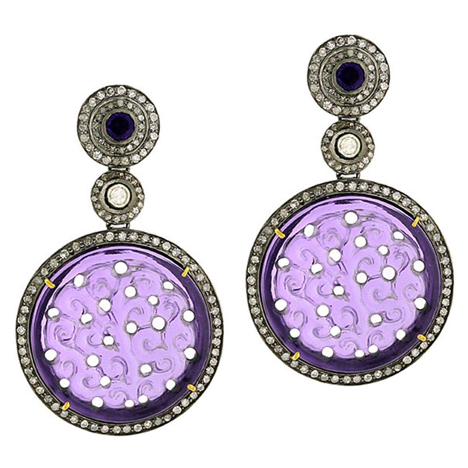 Carved Amethyst Dangle Earrings with Pave Diamonds Made in 18k Gold & Silver For Sale