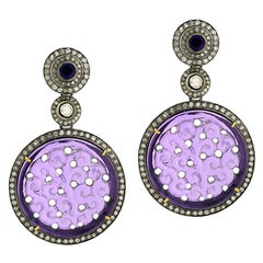 Geschnitzte Amethyst-Ohrringe mit Pavé-Diamanten aus 18 Karat Gold und Silber