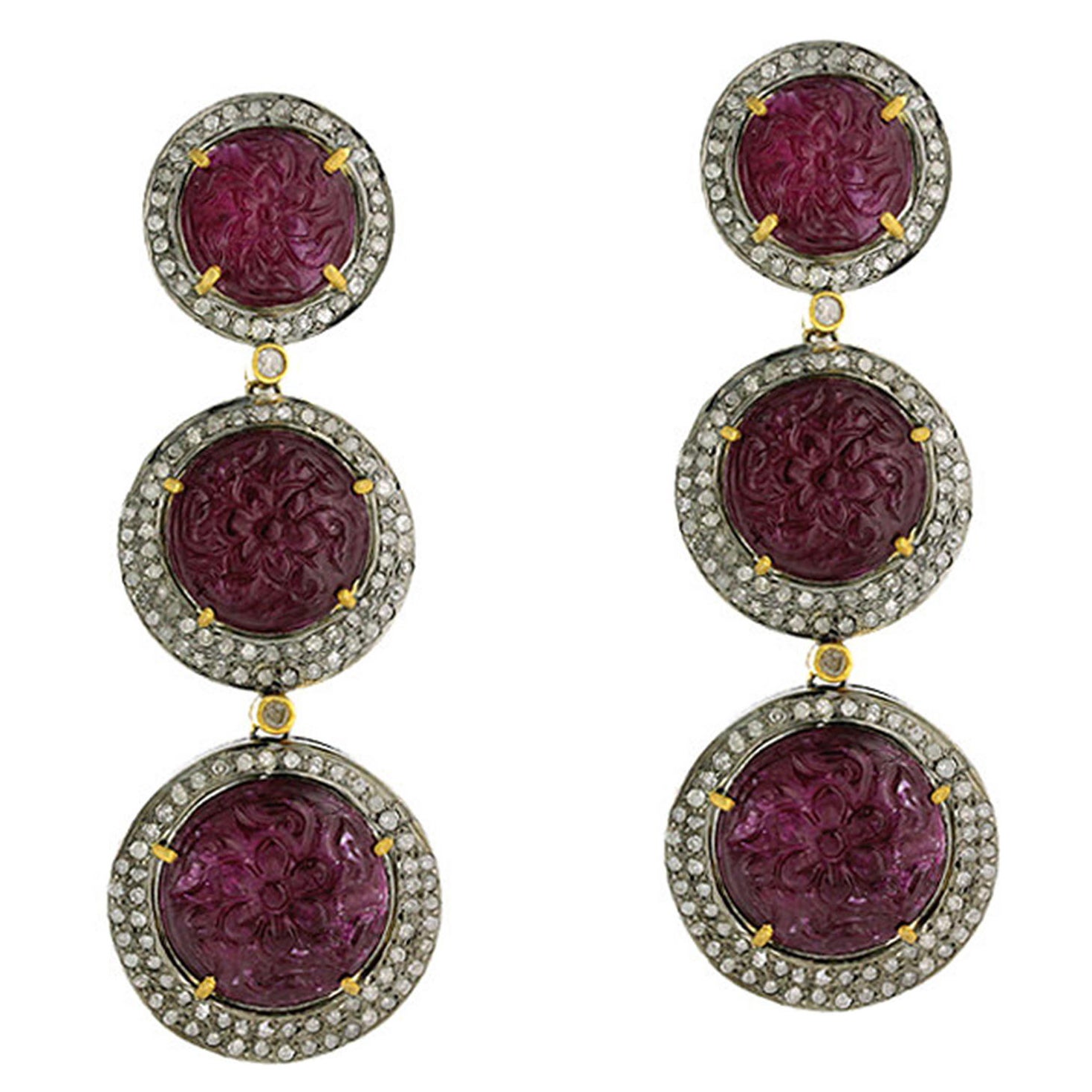 Carved Ruby 3 Tier Dangle Earrings with Diamonds Made in 18k Gold & Silver For Sale