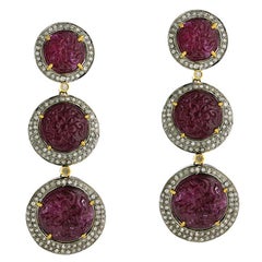 Carved Ruby 3 Tier Dangle Earrings with Diamonds Made in 18k Gold & Silver