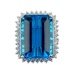 33 Carat Emerald Cut London Blue Topaz and Diamond Ring