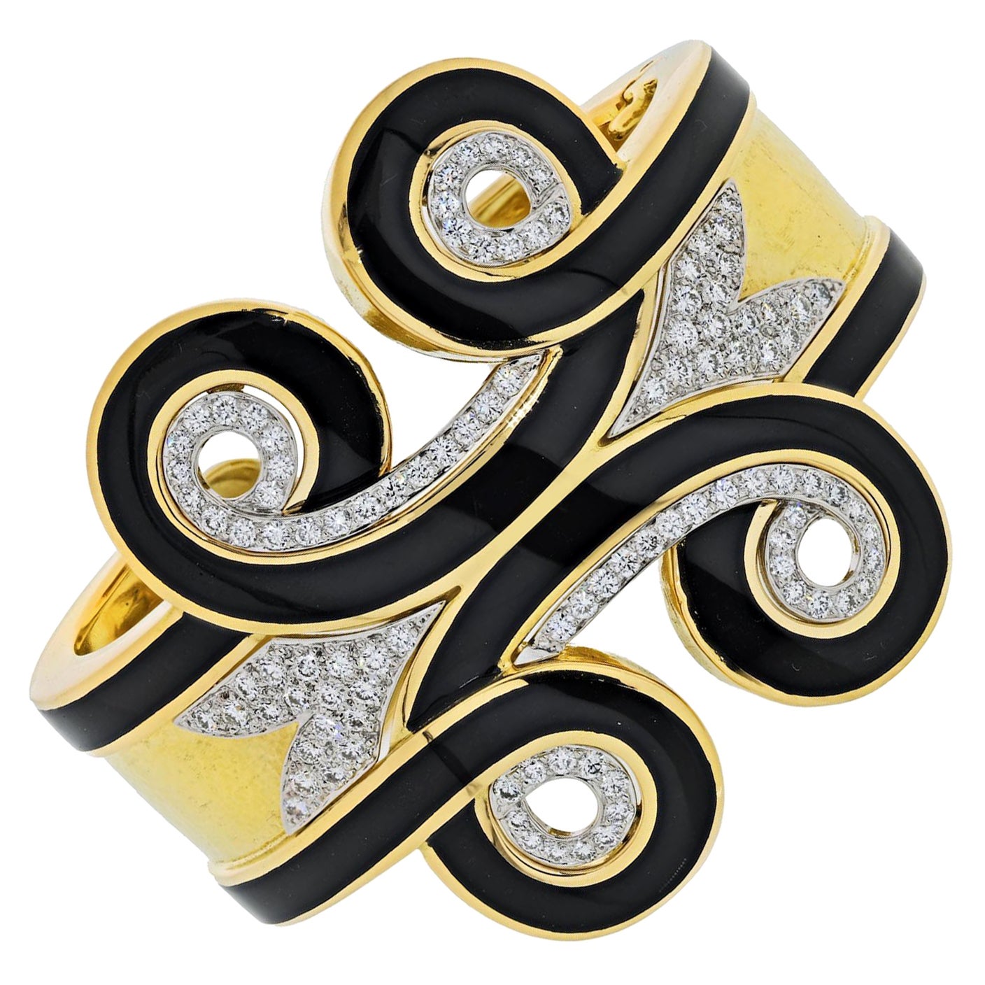 David Webb Platinum, 18k Gold Arabesque Black Enamel Diamond Cuff Bracelet