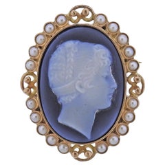 Vintage Castellani Gold Pearl Agate Cameo Brooch Pendant