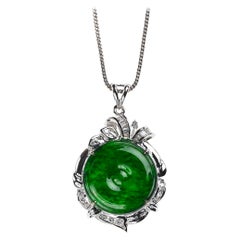 Imperial Green Jadeite Jade Pi Disc and Diamond Pendant, Certified Untreated