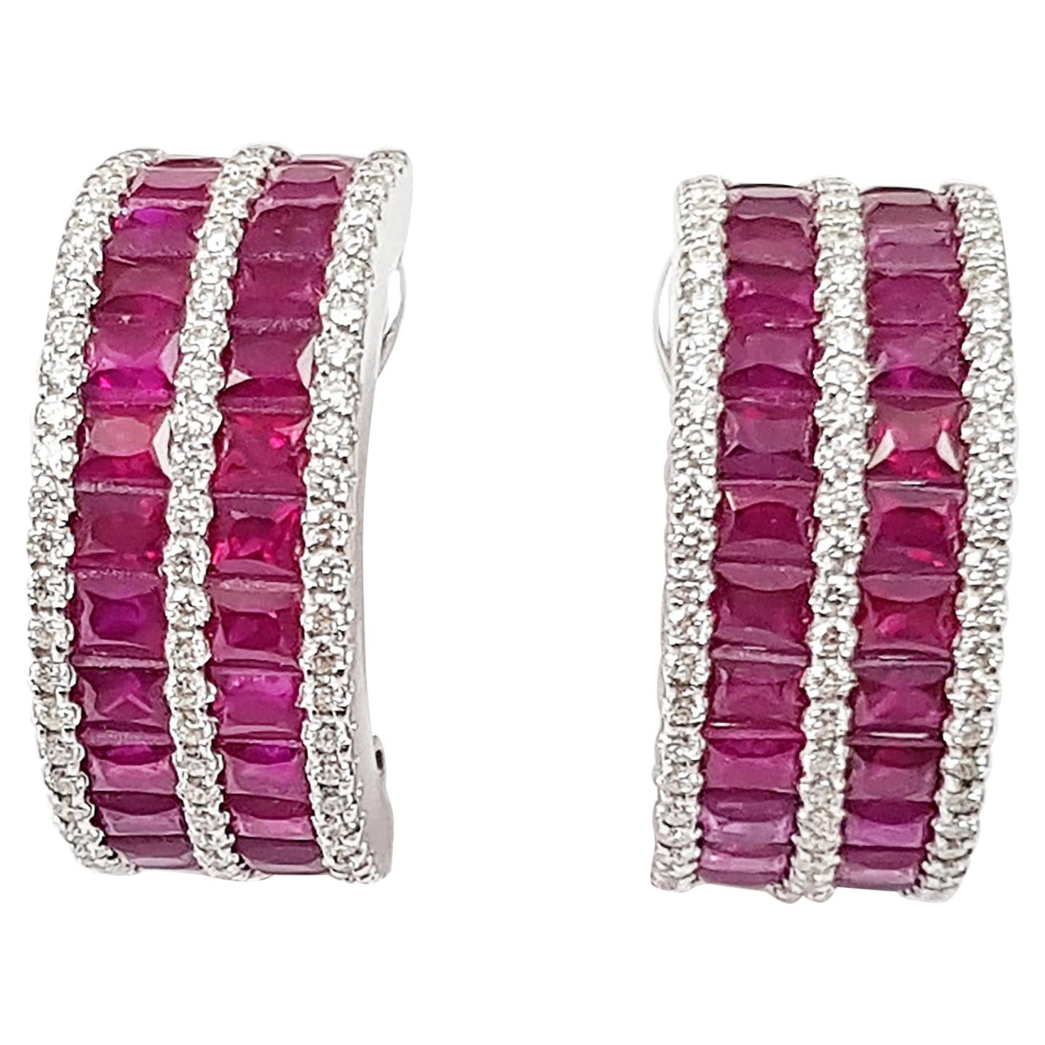 Ruby with Diamond Earrings Set in 18 Karat White Gold Settings For Sale