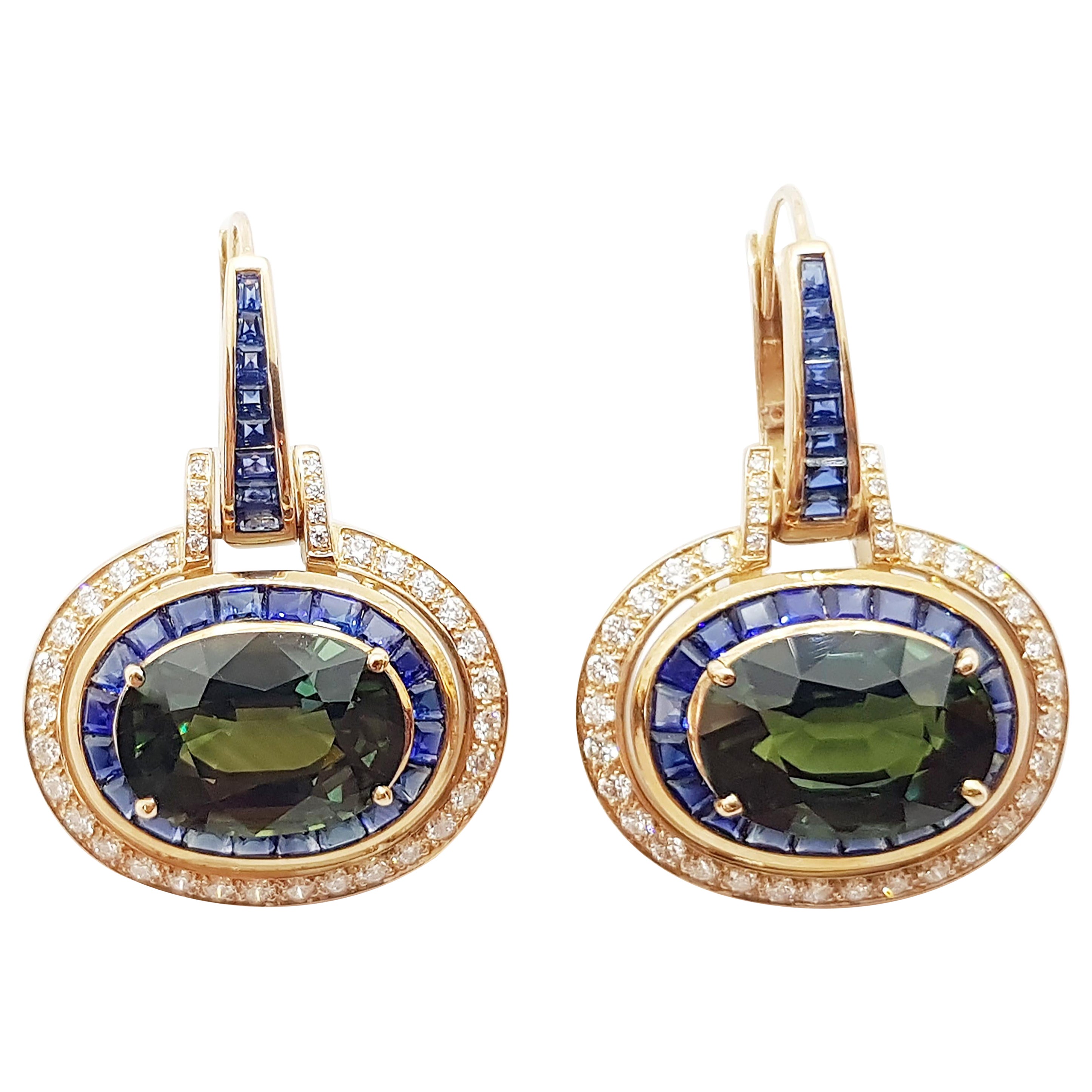 Green Sapphire with Blue Sapphire and Diamond Earrings in 18 Karat Rose Gold For Sale